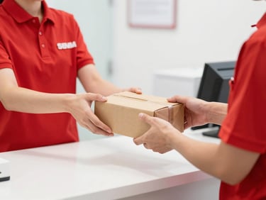 A clean, well-lit package being handed over a counter by a professional staff member in uniform, bright high-key lighting, vibrant red accents, 35mm.