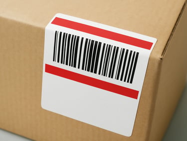 Close-up of a tracking label on a crisp cardboard box, bright even daylight, clean corporate aesthetic, sharp focus, 35mm.