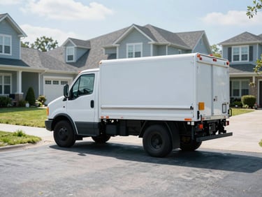 A clean service truck parked in a bright suburban residential driveway, crisp daylight, cool blue tones, sharp focus, 35mm editorial photography.