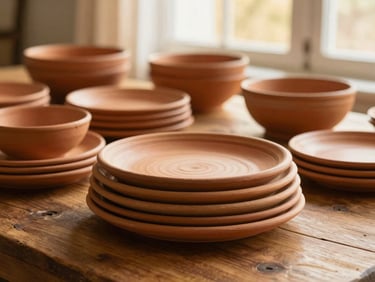 Stacked handmade terracotta plates and bowls on a rustic wooden dining table, warm soft golden-hour light, shallow depth of field, 35mm
