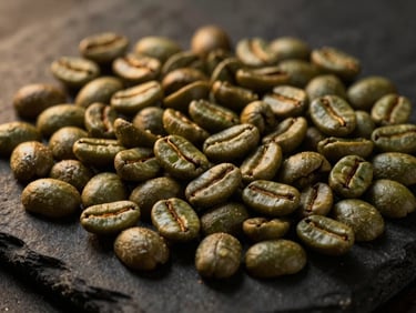 Close-up of perfectly sorted, glossy green robusta coffee beans on a dark stone surface, dramatic low-key lighting, warm golden-hour highlights.