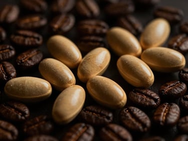 Macro shot of catechin molecules interacting with coffee compounds, minimalist and elegant, warm golden light, dark background, dark moody editorial photography, dramatic low-key lighting, deep espresso and warm gold tones, macro lens