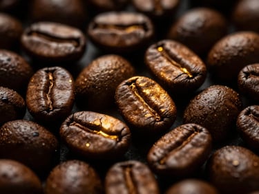 Close-up of vibrant coffee beans, glowing with a subtle golden aura, emphasizing antioxidant richness, dramatic low-key lighting, dark moody editorial photography, deep espresso and warm gold tones, macro lens