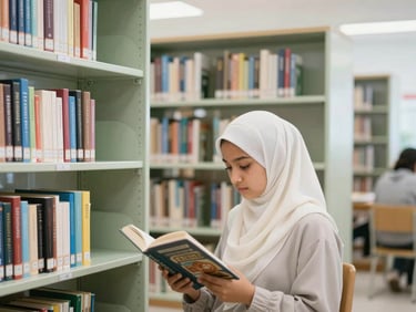 Bright editorial photography of a quiet school library with bookshelves filled with Islamic texts and modern reference books, a student in hijab reading quietly