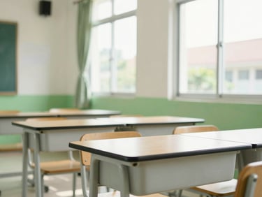 Bright editorial photography of a clean modern classroom at SMP IT Al Hikmah, green and white accents, warm natural daylight streaming through windows