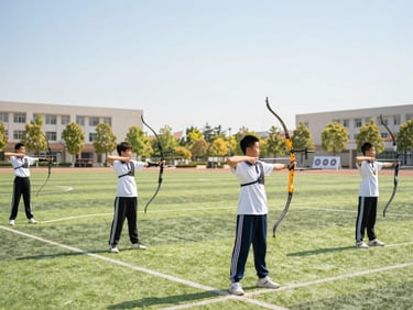 Bright editorial photography of a spacious outdoor green sports field at a school, students practicing archery under a clear blue sky, warm sunlight