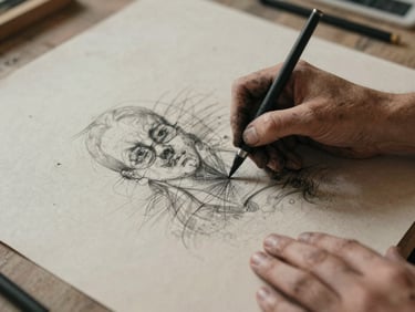 Candid medium-format photograph of hands covered in charcoal dust sketching on a large textured paper sheet, warm side-lighting