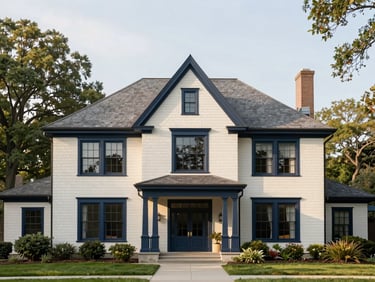 Straight-on architectural photograph of an elegant shingle-style faculty home with mature trees, soft morning sun, muted navy trim, clean editorial framing