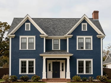 Straight-on architectural exterior of a classic shingle-style house, soft natural overcast daylight, muted navy tones.