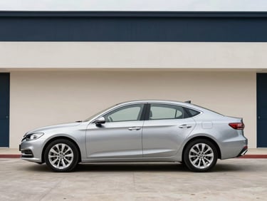 Straight-on profile of a clean silver hybrid commuter sedan, natural overcast daylight, sharp architectural focus