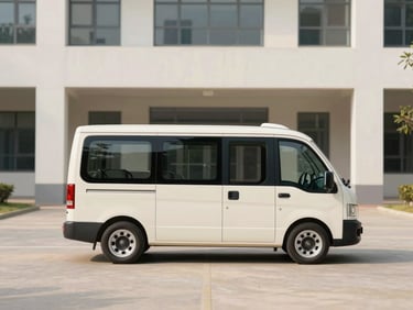 Side profile of a well-maintained electric crossover vehicle near a modern campus building, soft daylight