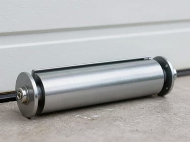Macro shot of a heavy-duty garage door roller, new and lubricated, ready for installation, clean industrial tones.