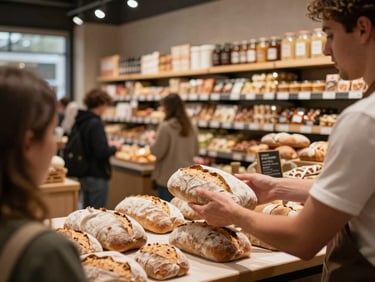 Wide shot of a modern food market interior during busy trading hours — shelves of artisanal goods in the background, a vendor's hands passing a wrapped loaf across a counter, warm ambient light, customers partially visible at the edges of the frame