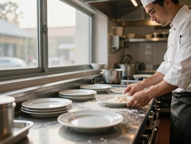 Wide environmental shot inside a restaurant kitchen mid-setup, a cook's hands arranging plates on a stainless pass under north-facing window light, flour dusted on the counter, warm ambient glow