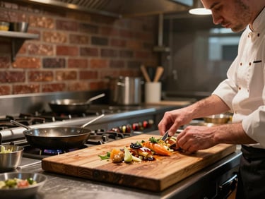Wide shot of a restaurant kitchen mid-service — a chef's hands plating a dish on a worn wooden board under warm overhead light, pans visible on the range behind, the texture of a brick wall in soft focus at the back