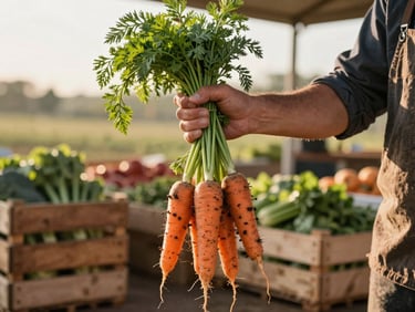 Wide outdoor shot of a farmer at their market stall during morning light, hands holding a bunch of freshly harvested carrots still with soil, wooden crates of produce in the background, golden hour side lighting
