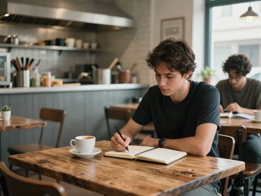 Wide environmental shot, a Pomodoro team member seated at a worn wooden table inside a small restaurant, open notebook and a coffee cup in front of them, kitchen visible in the background mid-prep, soft daylight from a side window, unhurried and observational