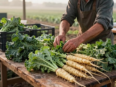 Environmental shot of a farmer at their market stall during early morning setup — hands arranging bundles of kale and root vegetables on a rough wooden table, soft outdoor morning light, a field of produce crates visible behind them
