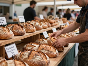 Wide shot of a food market aisle during morning setup, a vendor arranging artisan bread loaves on a wooden shelf under diffuse daylight, handwritten price cards visible, neighboring stalls out of focus in the background