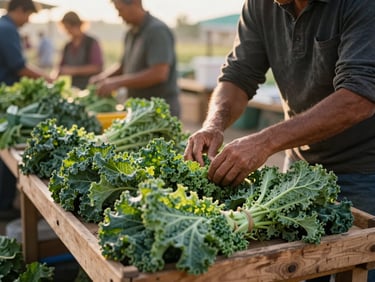 Wide environmental shot of a farmer at an outdoor market stall in early morning light, hands arranging bundles of kale on a wooden display, other vendors visible softly out of focus in the background, golden hour side-light, unhurried and specific
