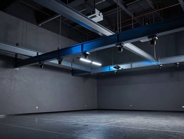 Wide environmental shot of an elite indoor training lab with motion capture cameras mounted on structural steel beams, cool blue lighting.