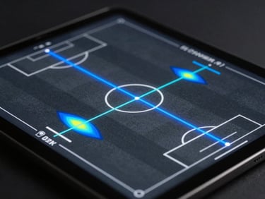 Close-up of a tablet interface showing dynamic athlete velocity vectors and heatmaps on a dark soccer pitch, cool blue accents, sharp focus.