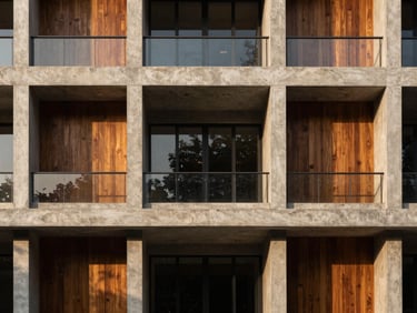 Symmetrical modern luxury architectural facade in Bangalore, clean lines, concrete and warm timber accents under crisp afternoon sun, high-end editorial style.
