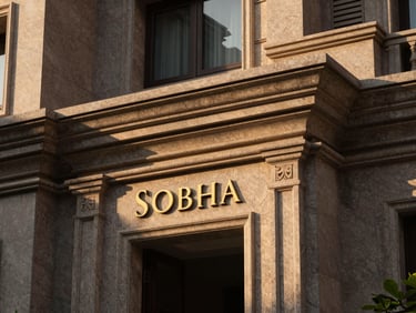 Architectural close-up of Sobha luxury development exterior, stone craftsmanship, warm afternoon sun
