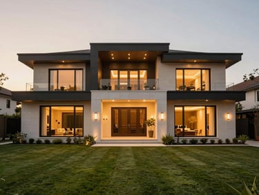 Symmetrical modern luxury villa exterior with manicured lawns, warm evening lighting, sharp architectural focus