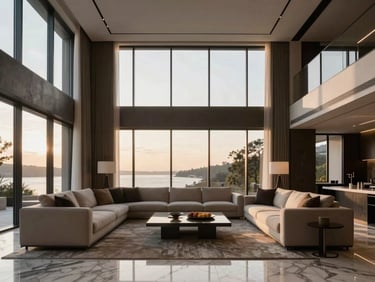 Minimalist double-height luxury living room interior with marble floors and floor-to-ceiling glass windows, warm natural light