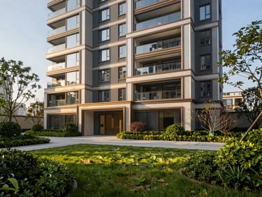 Architectural close-up of Brigade luxury development exterior, lush landscaped gardens, crisp daylight