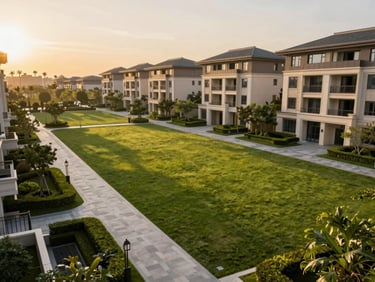 Expansive manicured green gated community plot layout with paved pathways, golden hour light