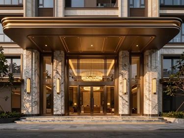 Elegant architectural rendering of a luxury residential tower entrance, marble pillars, warm ambient lighting