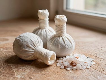 Traditional Ayurvedic herbal poultice bags and raw rock salts on a warm sandstone surface, organic textures.