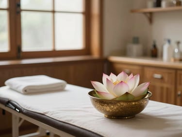 A serene clinical treatment room with warm wooden accents, fresh lotus flower in a brass bowl, soft natural light.