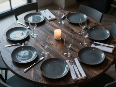 Overhead shot of a private dining table set for eight — dark ceramic plates, polished cutlery, folded napkins, a single candle unlit, cool north light from the upper left corner
