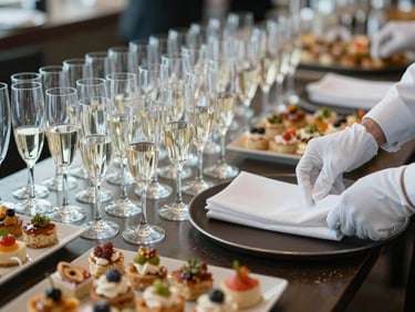 Wide shot of a hospitality suite in preparation — rows of champagne flutes on a tray, canapé platters covered and waiting, a white-gloved hand adjusting a napkin fold, cool even lighting