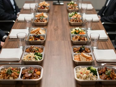 Top-down view of a business lunch spread on a conference table — individual boxed portions aligned in a grid, water jugs flanking each side, crisp white napkins folded flat, cool overhead fluorescent light