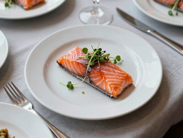 Overhead close-up of a formally plated corporate lunch — white plate, precisely portioned salmon fillet, micro-herbs, cool studio lighting on a linen-covered conference table