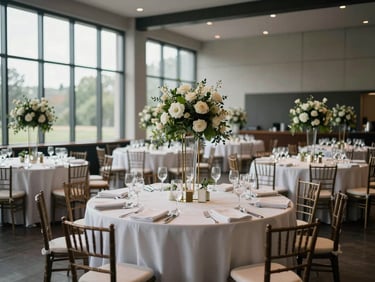 Wide shot of a wedding reception venue mid-setup — round tables with white linen, tall floral centrepieces not yet placed, glassware aligned in precise rows, cool daylight from tall windows on the left