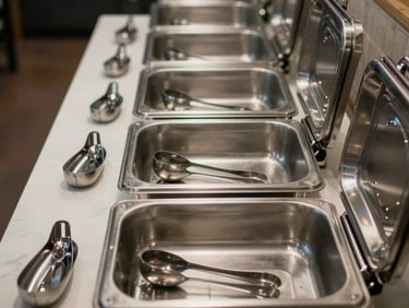 Close-up overhead of a buffet preparation surface — chafing dishes aligned in a straight row, serving utensils placed at precise intervals, stainless steel lids stacked to one side, cool studio lighting