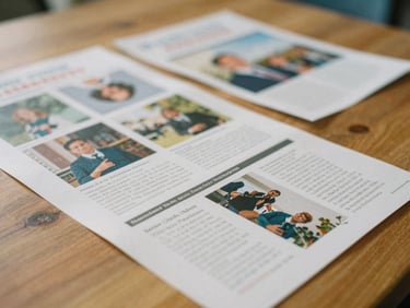 A close-up of printed campaign materials and editorial clippings on a warm oak table, soft natural daylight, shallow depth of field