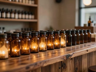 Warm indoor incandescent glow lighting a cozy dispensary counter made of heavy reclaimed wood, amber jars lined up neatly.