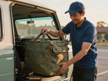A friendly delivery driver loading a classic green canvas bag into a vintage vehicle under warm golden afternoon light.