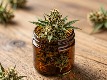 Macro close-up of vibrant green cannabis flower inside an amber glass jar, sitting on a heavy rustic oak table with soft sunlight filtering in.