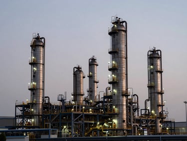 Wide environmental shot of a massive modern petroleum refinery at dusk, towering steel columns, overcast industrial sky