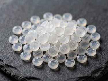 Macro shot of translucent white PET chips piled on a dark slate surface, sharp technical studio lighting