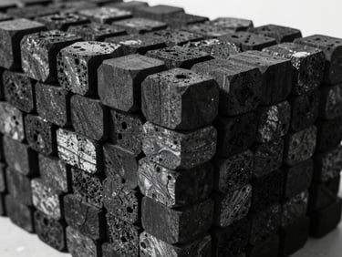 A stack of hexagonal and pillow-shaped charcoal briquettes in an industrial warehouse, sharp high-contrast lighting, clean edges.