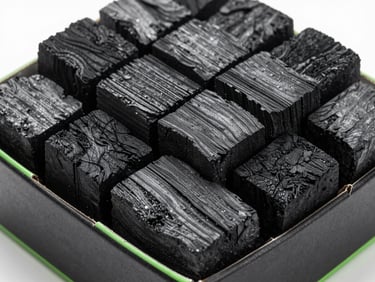 Stark high-contrast studio macro shot of stacked charcoal briquettes in custom printed cardboard boxes, sharp edges, clean black packaging with green accents