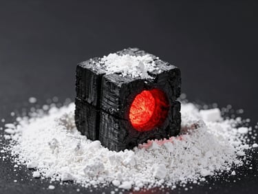 Macro studio photograph of a burning coconut charcoal cube, glowing red core, pure white ash coating, clean dark background.